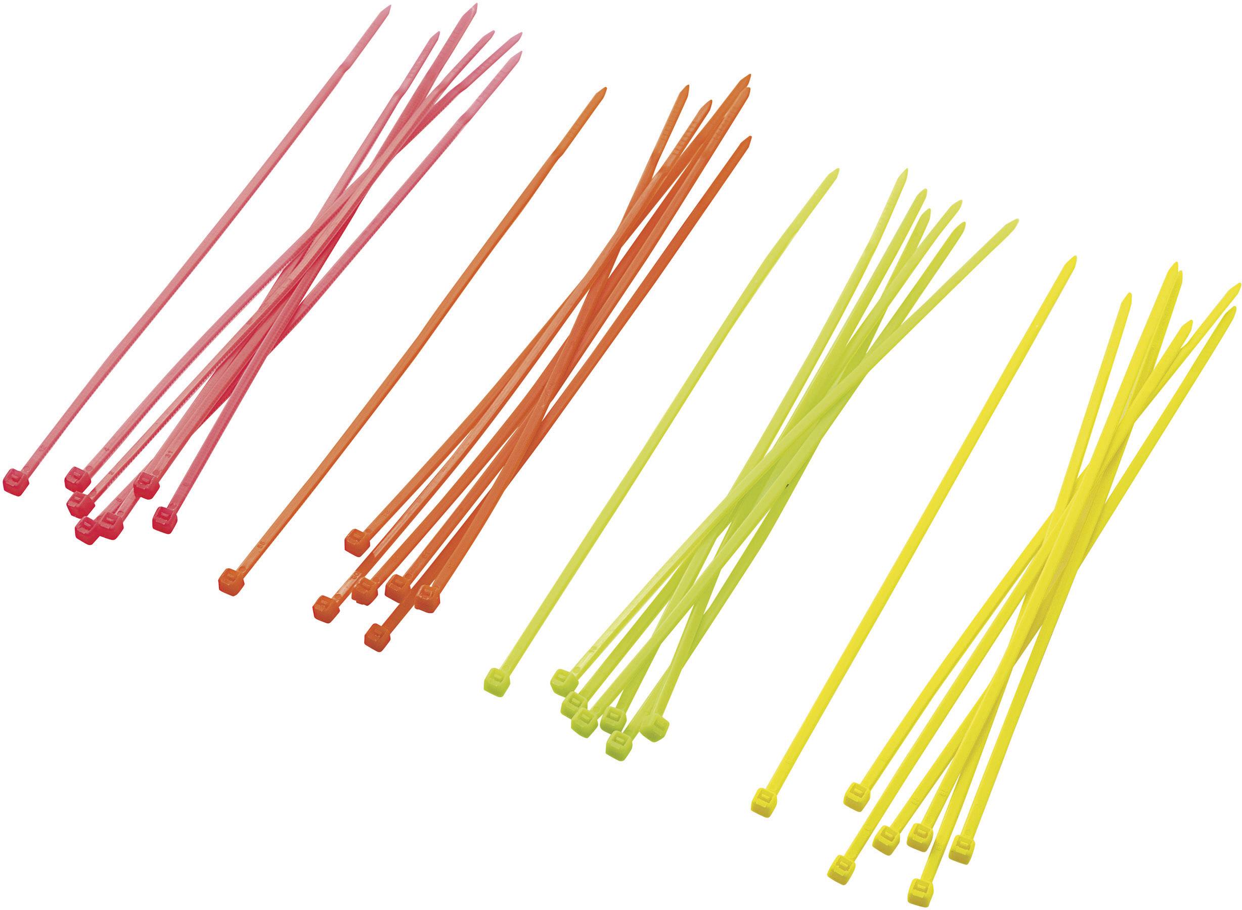 Des serre-câbles colorés en rouge, orange, vert et jaune sont disposés côte à côte de manière triée.