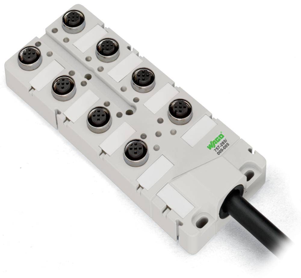 Boîte de raccordement électrique blanche avec plusieurs connexions circulaires et un câble noir sortant sur le côté.