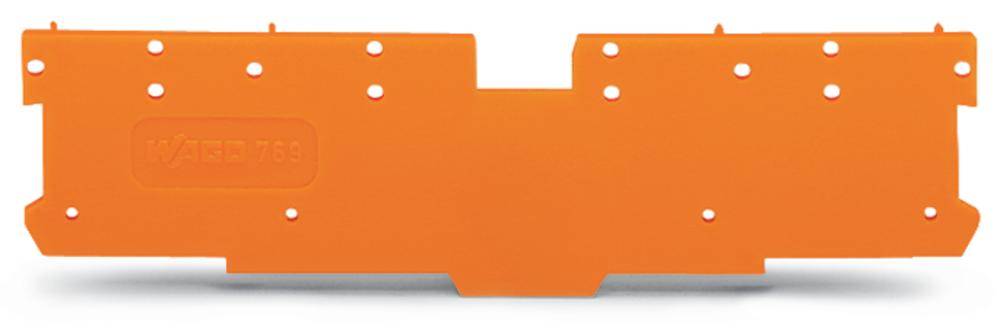 Une plaque métallique orange percée de plusieurs trous, utilisée comme couvercle ou protection pour des composants mécaniques ou électroniques.