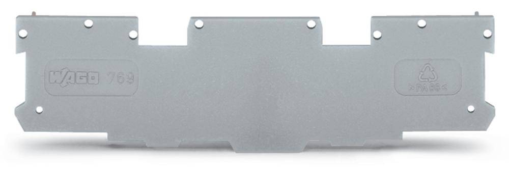 Une plaque de couverture grise WAGO avec points de fixation et symbole de recyclage, utilisée pour couvrir des composants électriques.