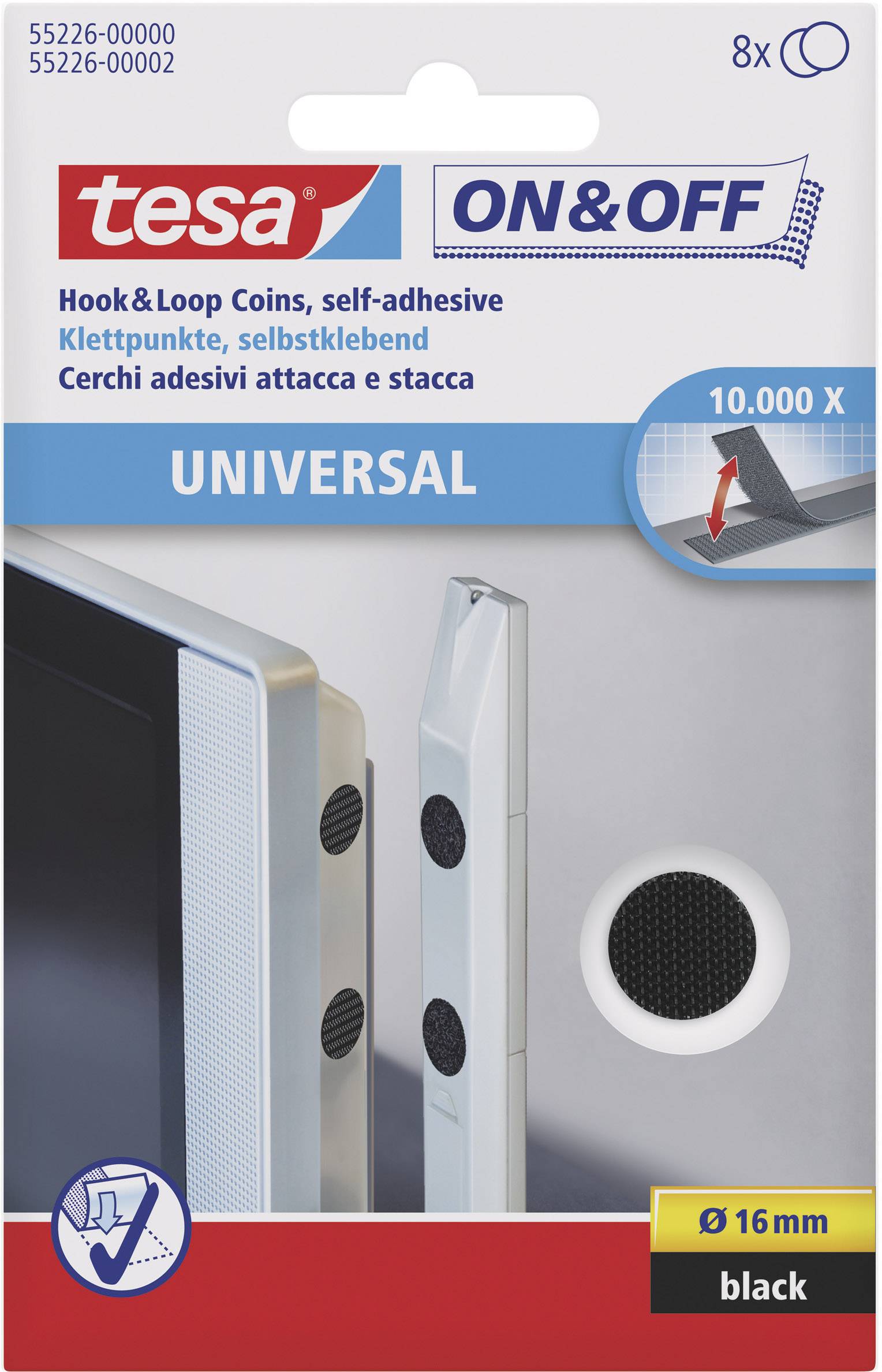 TESA On & Off 55226-00-01 Pastilles rondes auto-agrippantes à coller partie velours et partie agrippante (Ø) 16 mm noir 8 paire(s)