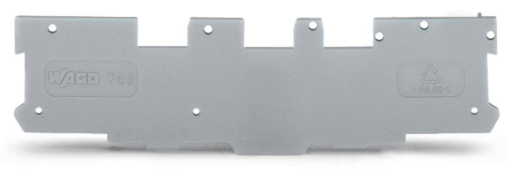 Couvercle en plastique gris avec plusieurs points de fixation. Logo Wago à gauche, symbole de recyclage à droite.