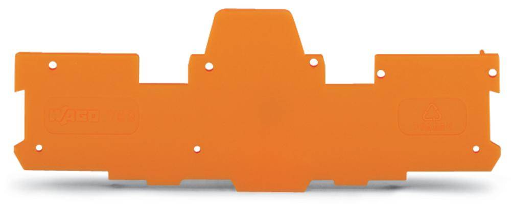 Oranges : Pièce en plastique de forme irrégulière avec plusieurs trous de fixation, probablement un composant d'un dispositif technique.