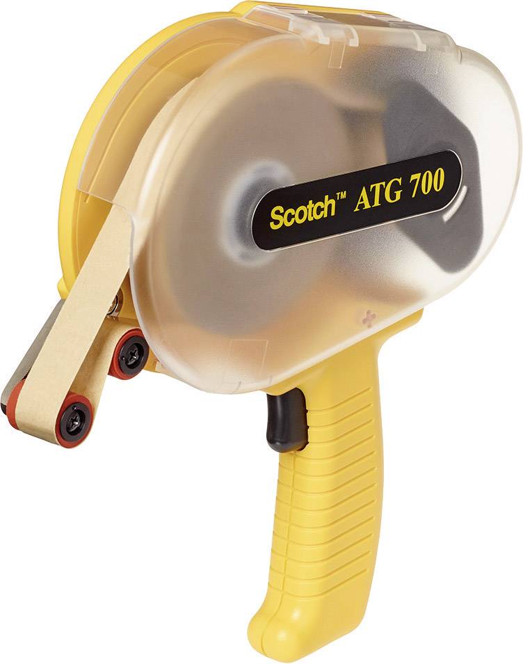 Un dévidoir jaune pour ruban adhésif double face, modèle 'Scotch ATG 700', avec ruban visible et poignée ergonomique.