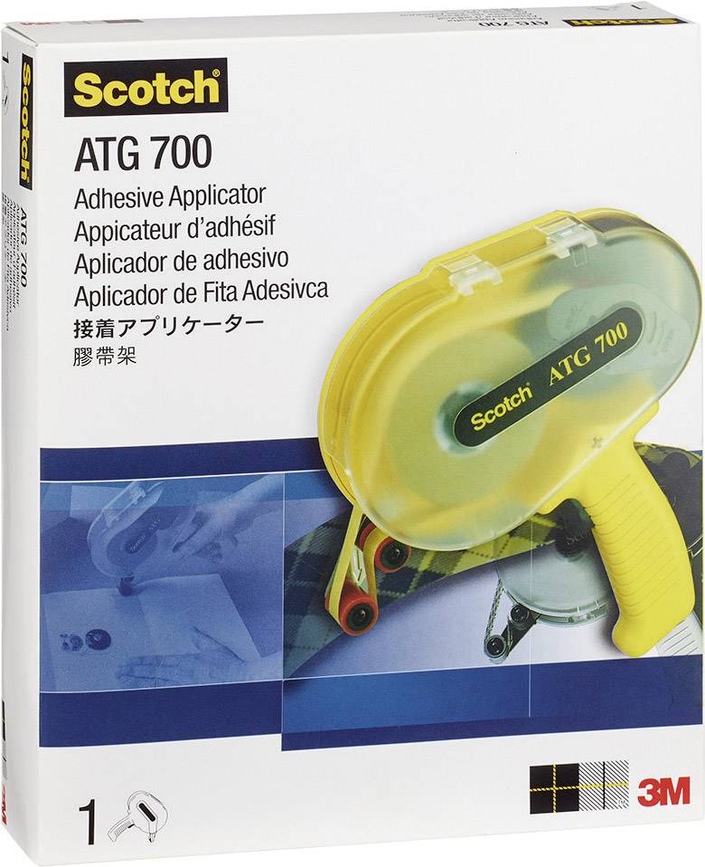 Scotch ATG 700 : Dévidoir manuel pour ruban adhésif, avec boîtier en plastique jaune. L'emballage présente une image de l'appareil et son utilisation.