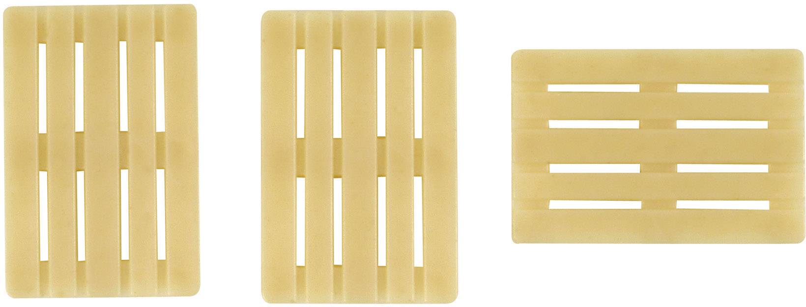 Trois porte-savons beiges en plastique avec des rainures parallèles pour déposer le savon et permettre l'écoulement de l'eau.