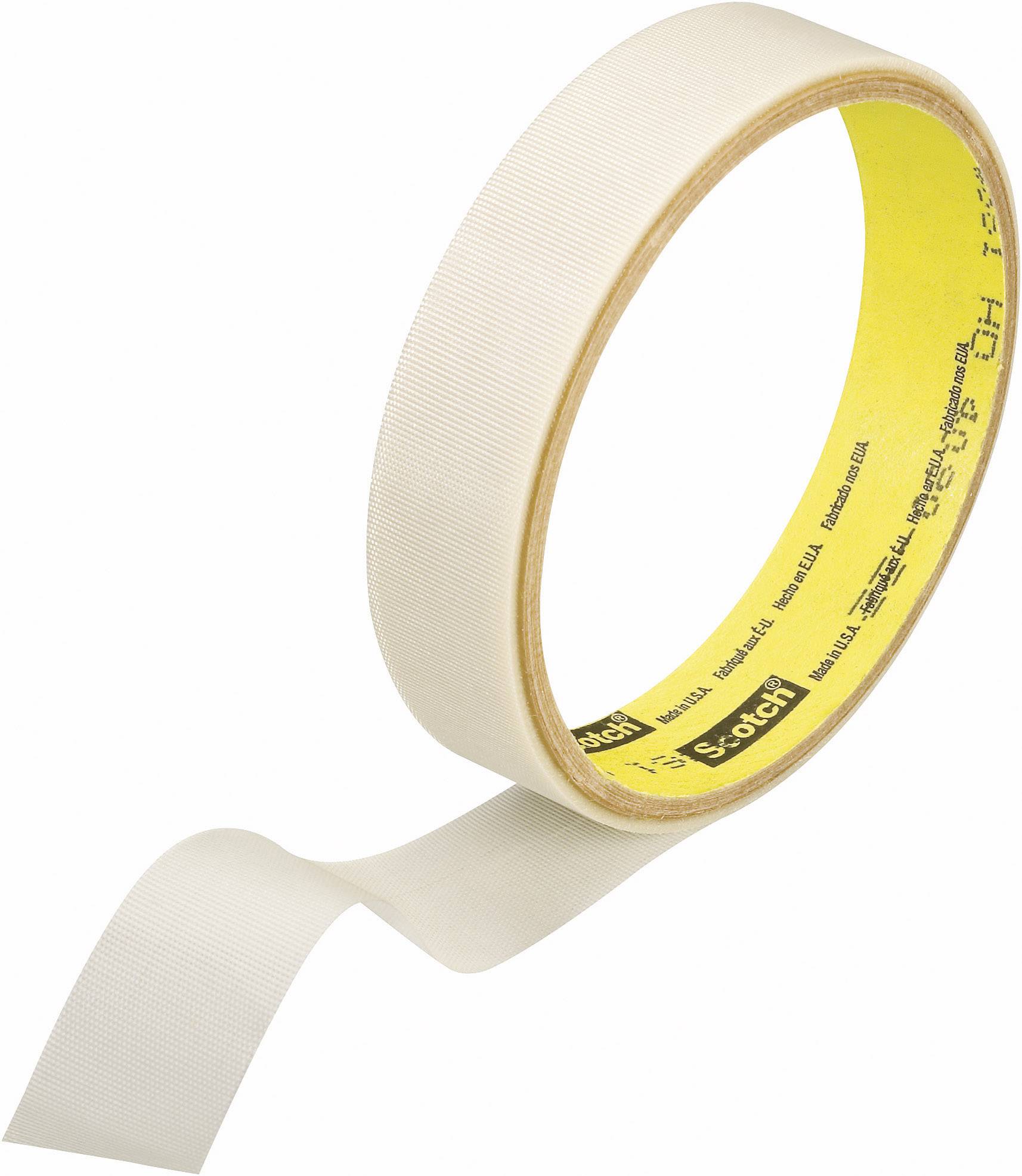 Un rouleau de ruban adhésif beige avec une partie déroulée. L'intérieur du rouleau est jaune et étiqueté.