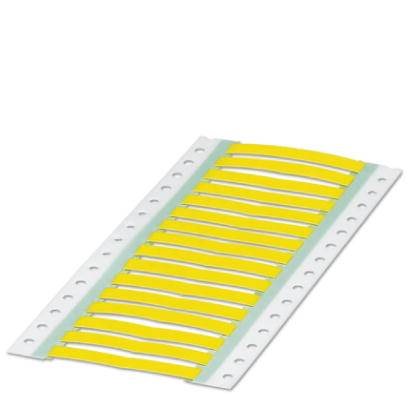 Une large bande de papier blanche avec des rayures jaunes et des perforations sur les côtés, probablement un papier continu destiné aux imprimantes.
