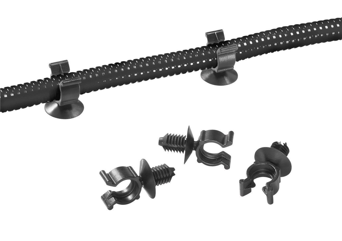 Une série de supports avec des ventouses maintient un faisceau de câbles ondulé. Quatre attaches séparées sont visibles en bas.