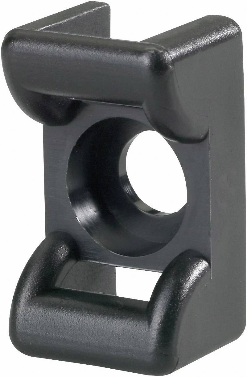 Clip noir en plastique rectangulaire, avec un trou rond au centre et des bords légèrement incurvés, probablement destiné à la fixation de câbles.