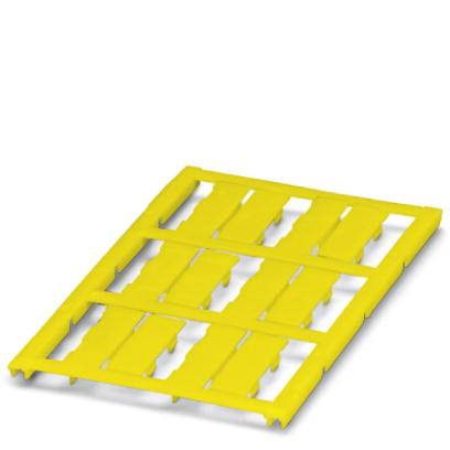 Une grille jaune en plastique posée à plat sur le sol. Elle est composée de bandes parallèles avec des ouvertures rectangulaires.