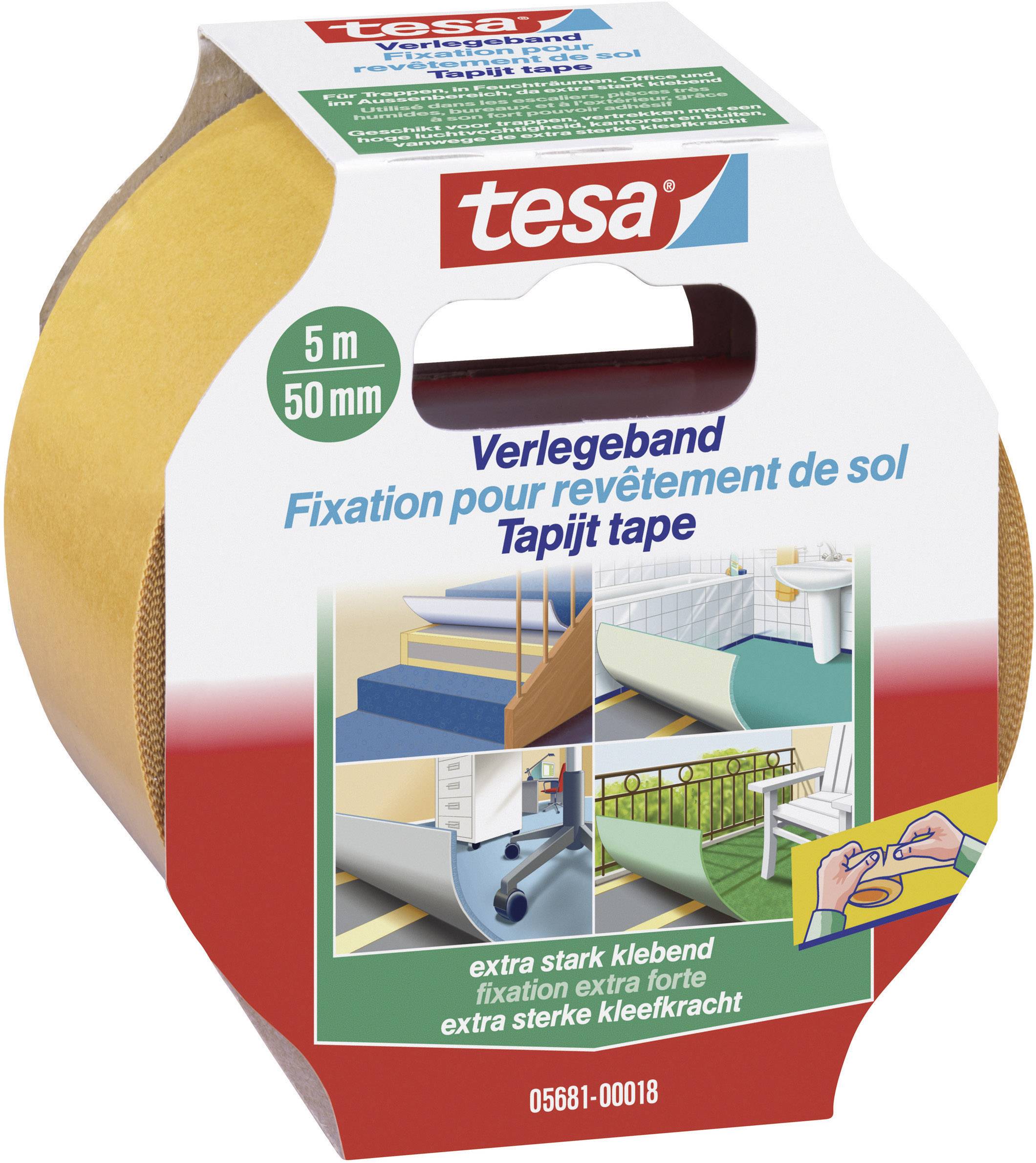 Ruban de pose tesa, 5 m x 50 mm, extra-adhésif. Adapté aux tapis, parquets et carrelages. Contient une illustration des exemples d'utilisation.