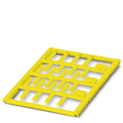 Grille en plastique jaune avec des ouvertures rectangulaires, placée sur un fond blanc ; probablement une grille de protection ou d'égouttement.