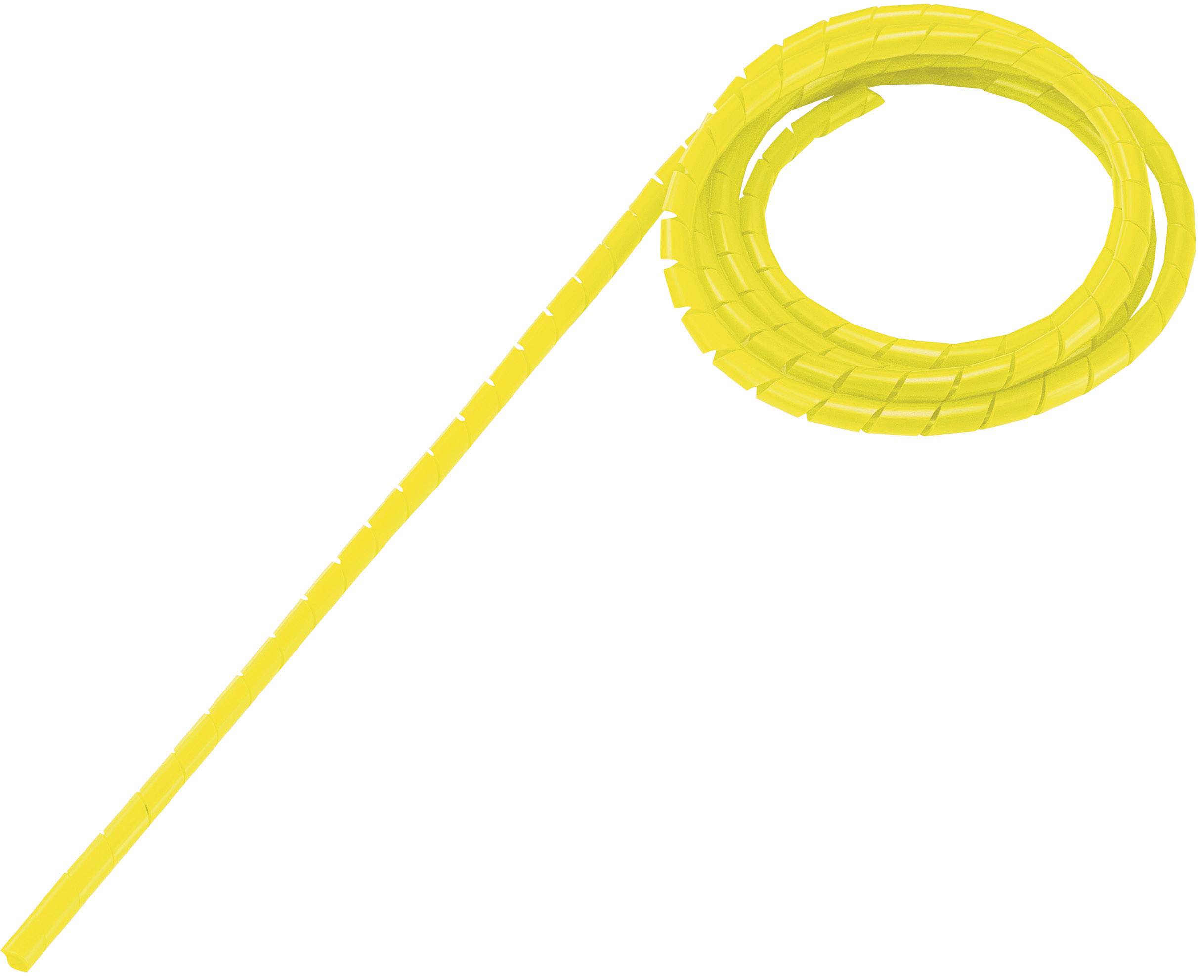 Un tube de gestion de câbles jaune enroulé, destiné à regrouper et protéger les câbles de manière organisée.