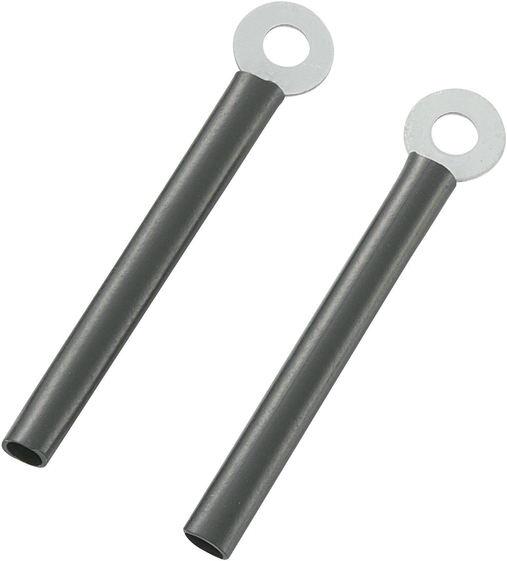 Deux tubes en acier noir avec des extrémités plates et circulaires, percés en leur centre, pouvant servir de leviers ou de pièces de jonction.