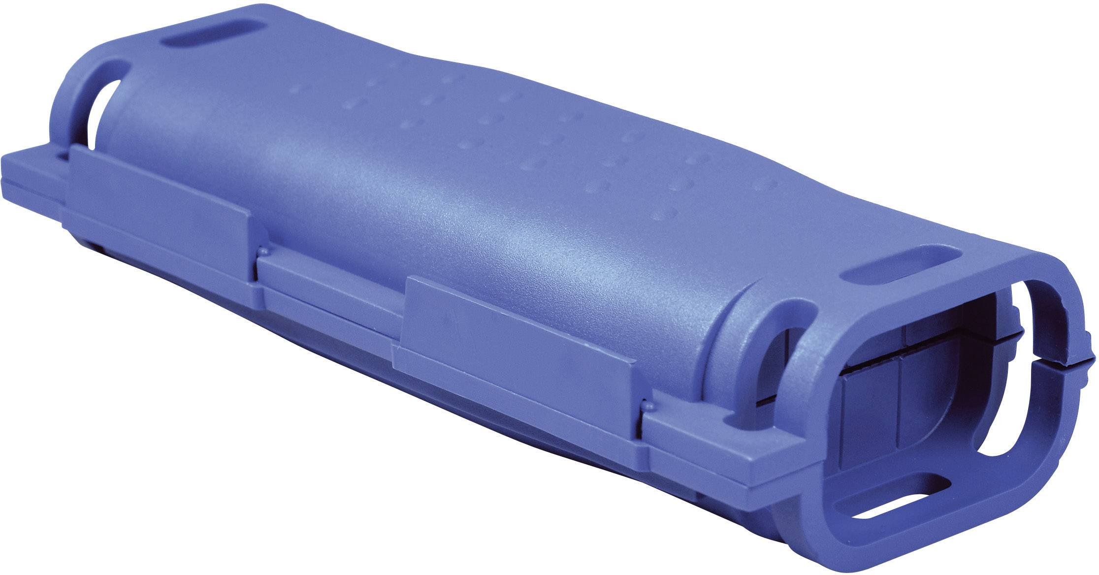 Récipient bleu en plastique rectangulaire aux coins arrondis, muni de plusieurs poignées, probablement destiné au transport ou au stockage d'outils.