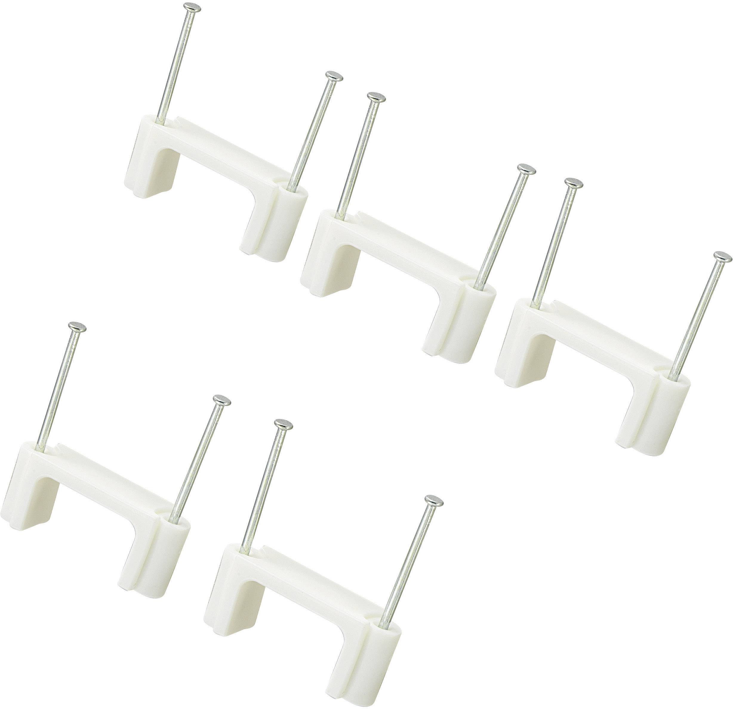 Six clips blancs pour câbles avec des clous pour fixer les câbles aux murs.