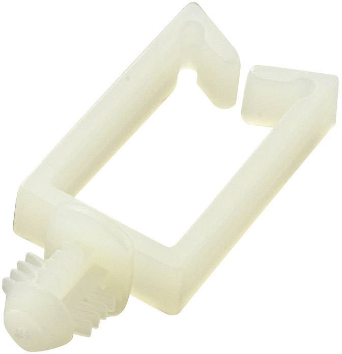 Un clip en plastique blanc avec une vis, probablement utilisé pour fixer des composants ou des câbles.