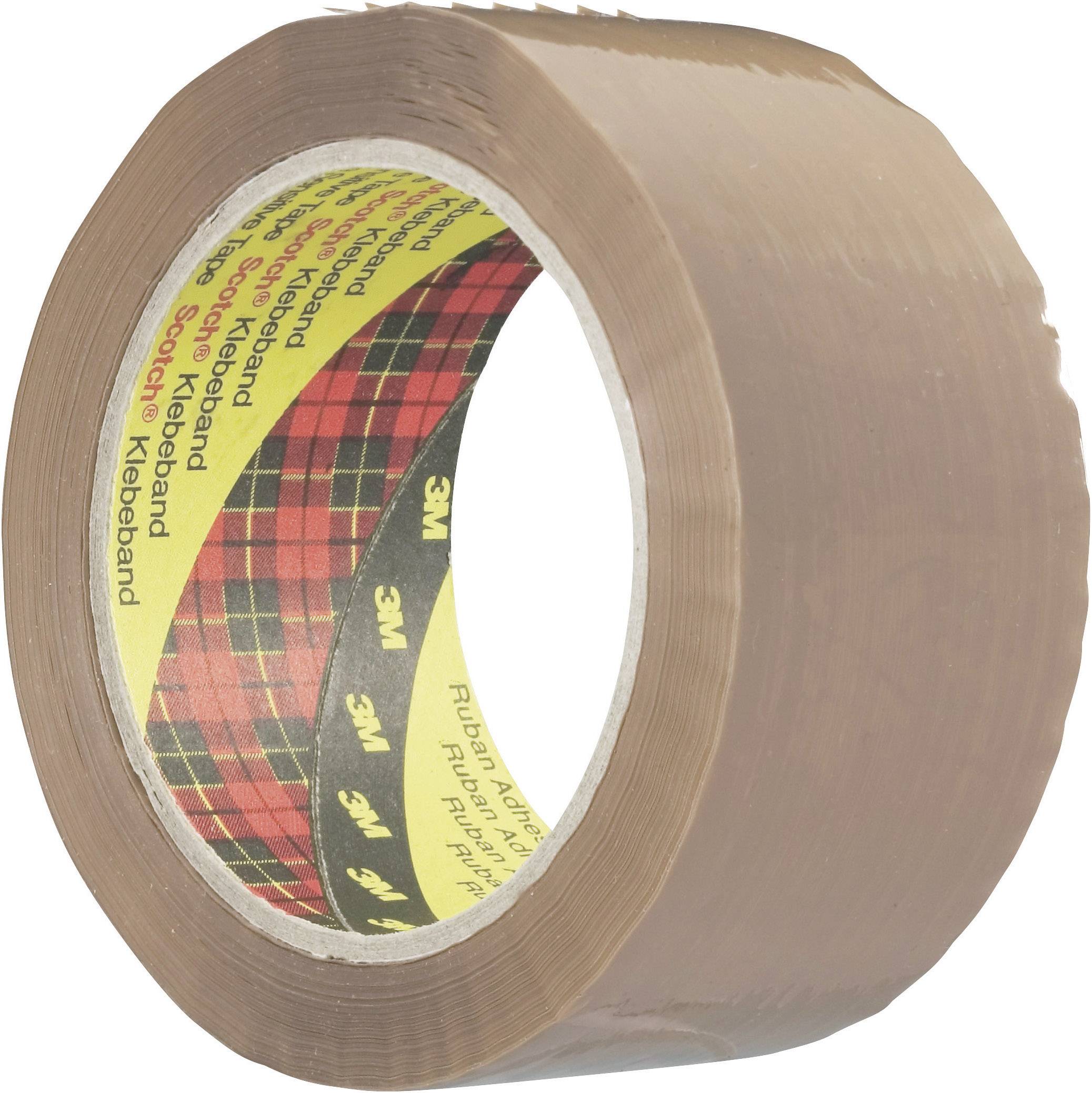 Un rouleau de ruban adhésif brun avec une étiquette intérieure jaune indique la marque et les détails du produit.