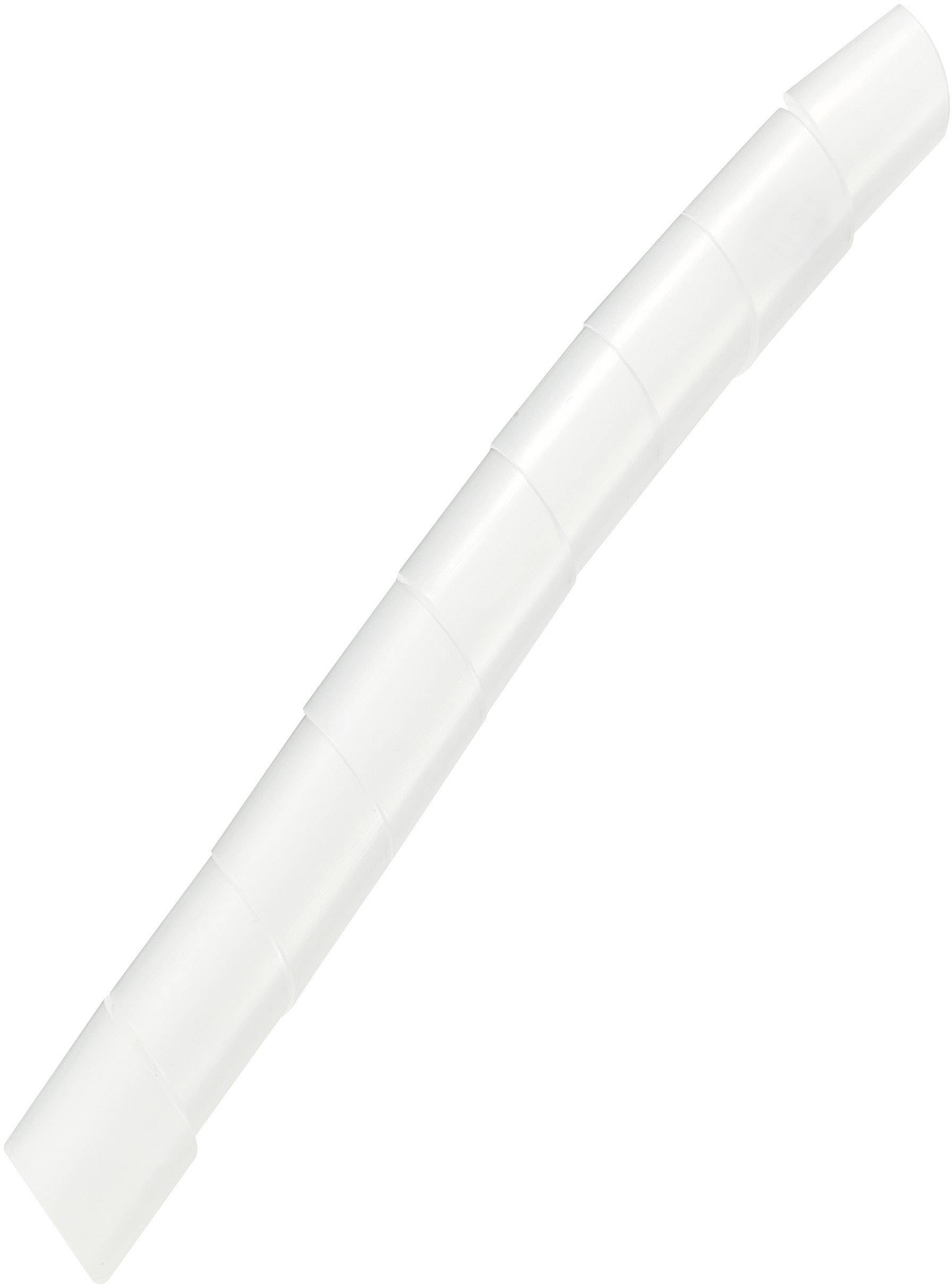 Une spirale flexible en plastique blanc, servant de protection ou de guidage pour câbles. Adaptée à une utilisation dans les bureaux ou les ateliers.