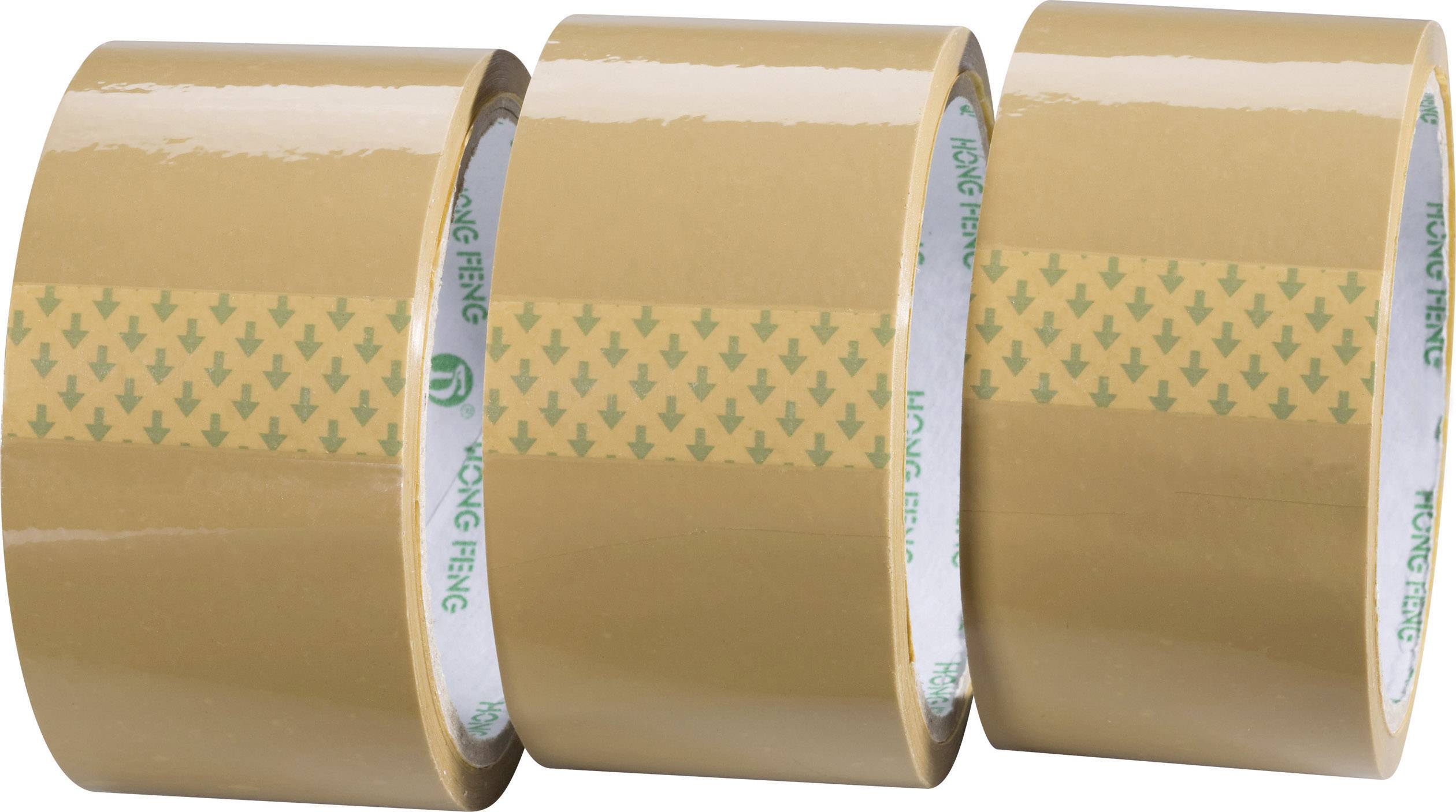 Trois rouleaux de ruban adhésif brun alignés, avec un motif de flèches sur la bande intérieure de chaque rouleau.