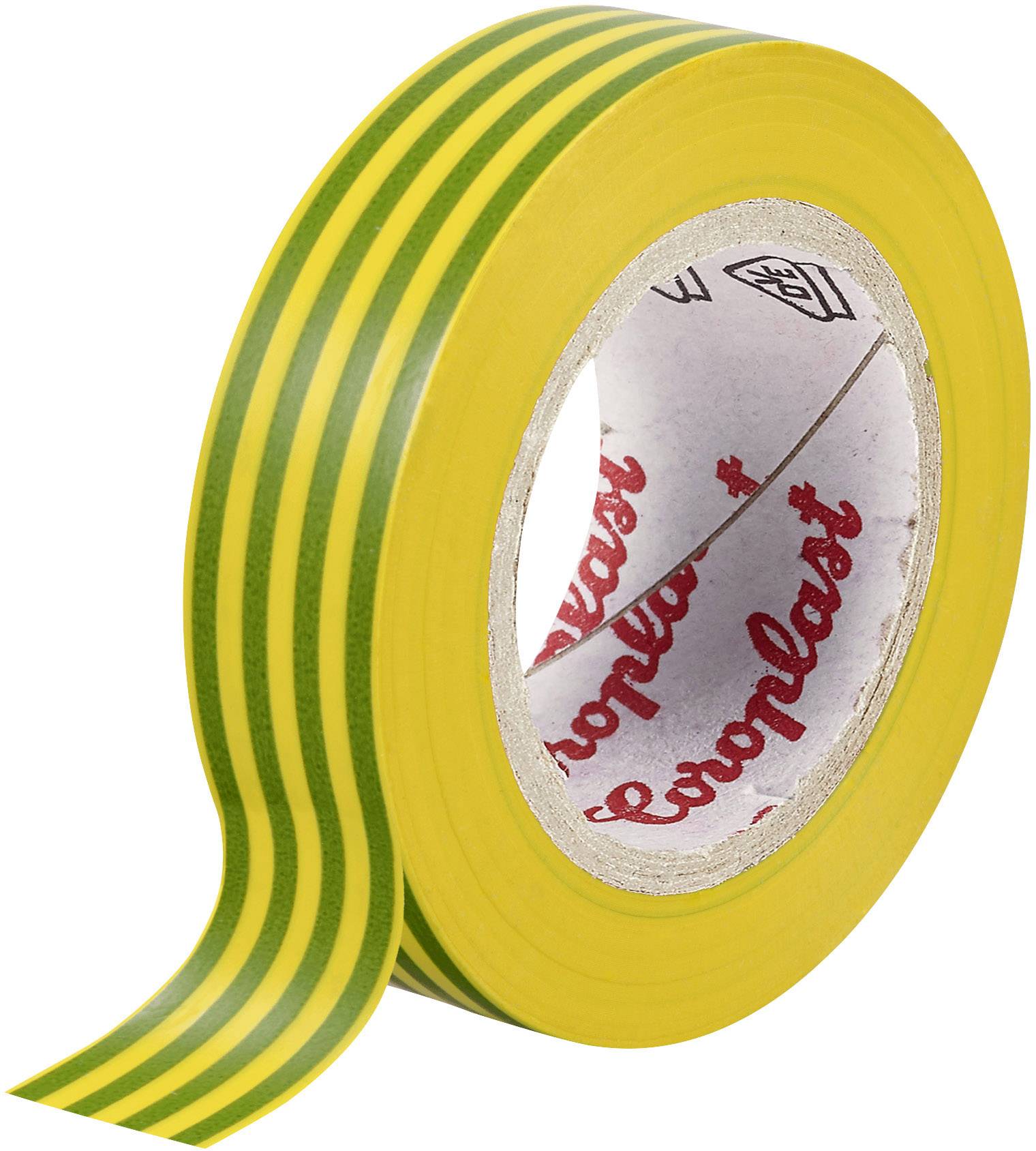 Ruban isolant jaune avec des rayures vertes, partiellement déroulé.