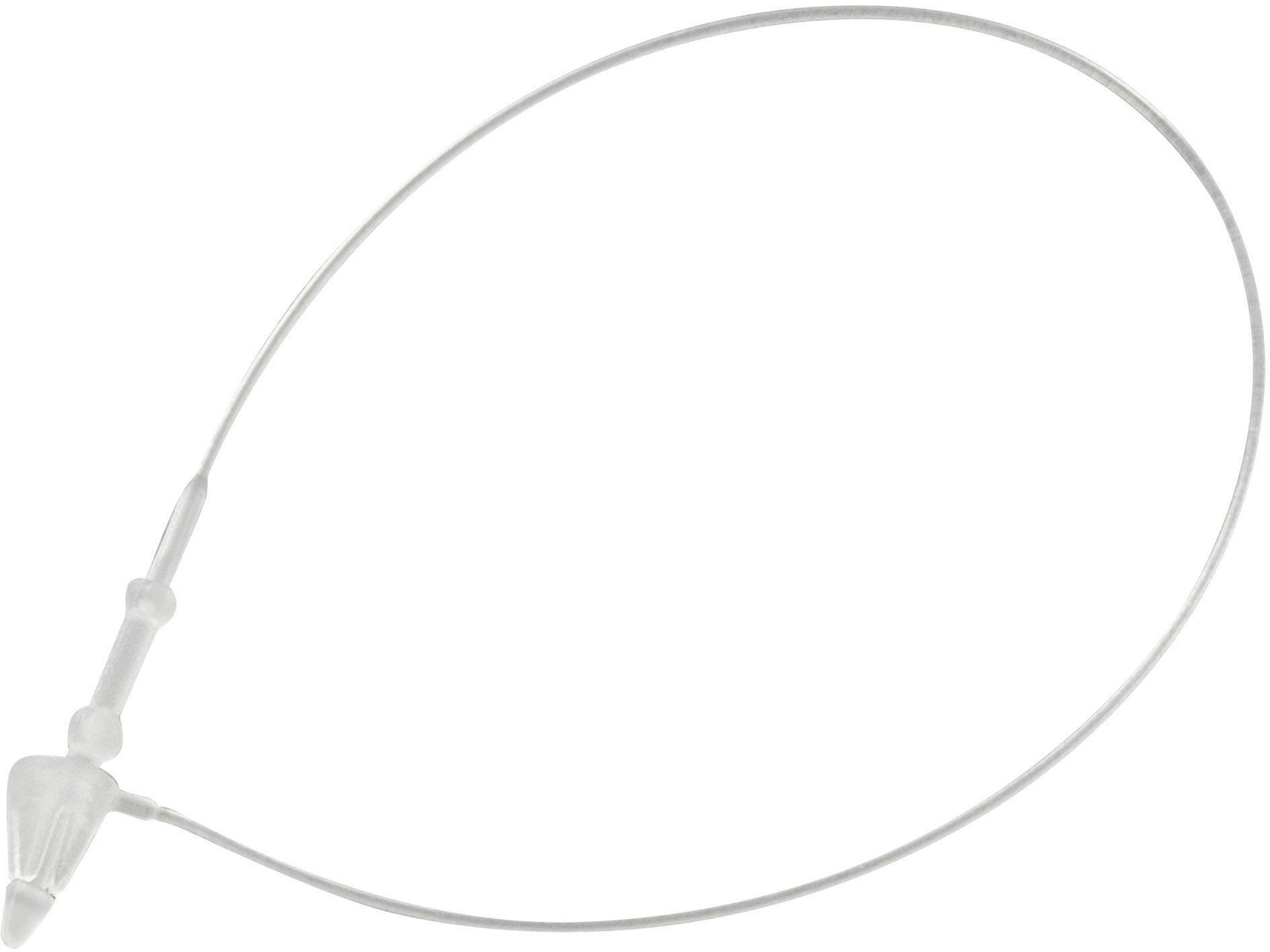 Un collier de serrage blanc, avec une tête striée et un corps allongé, est formé en un cercle lâche.