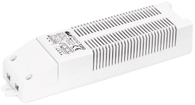 Bloc d'alimentation LED blanc rectangulaire avec ailettes de refroidissement et impression de spécifications techniques.
