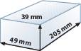 Un parallélépipède rectangulaire avec les dimensions suivantes : 39 mm de hauteur, 49 mm de largeur et 205 mm de longueur.