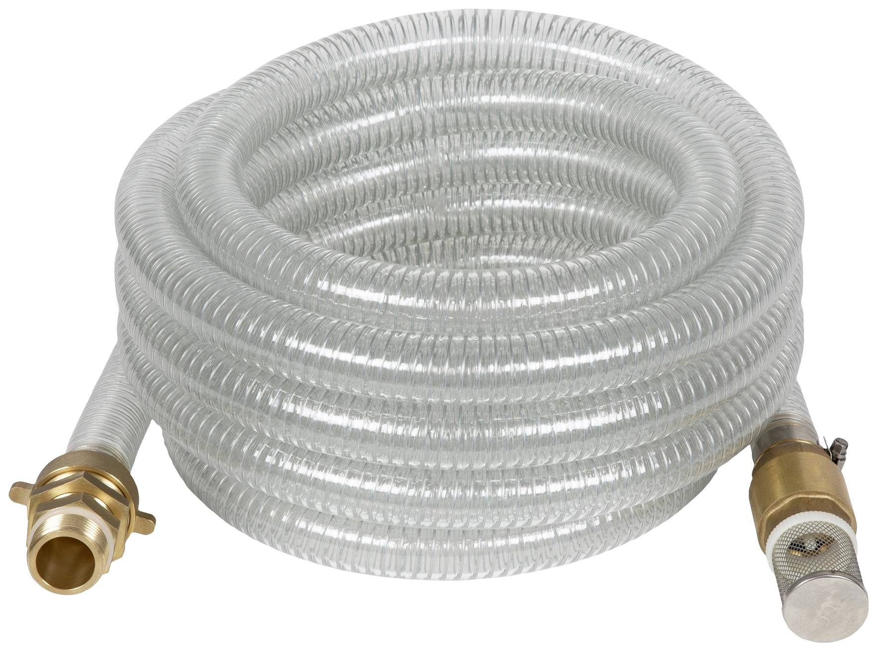 Tuyau transparent enroulé, équipé de raccords métalliques aux extrémités, adapté aux connexions hydrauliques ou pneumatiques dans des applications techniques.