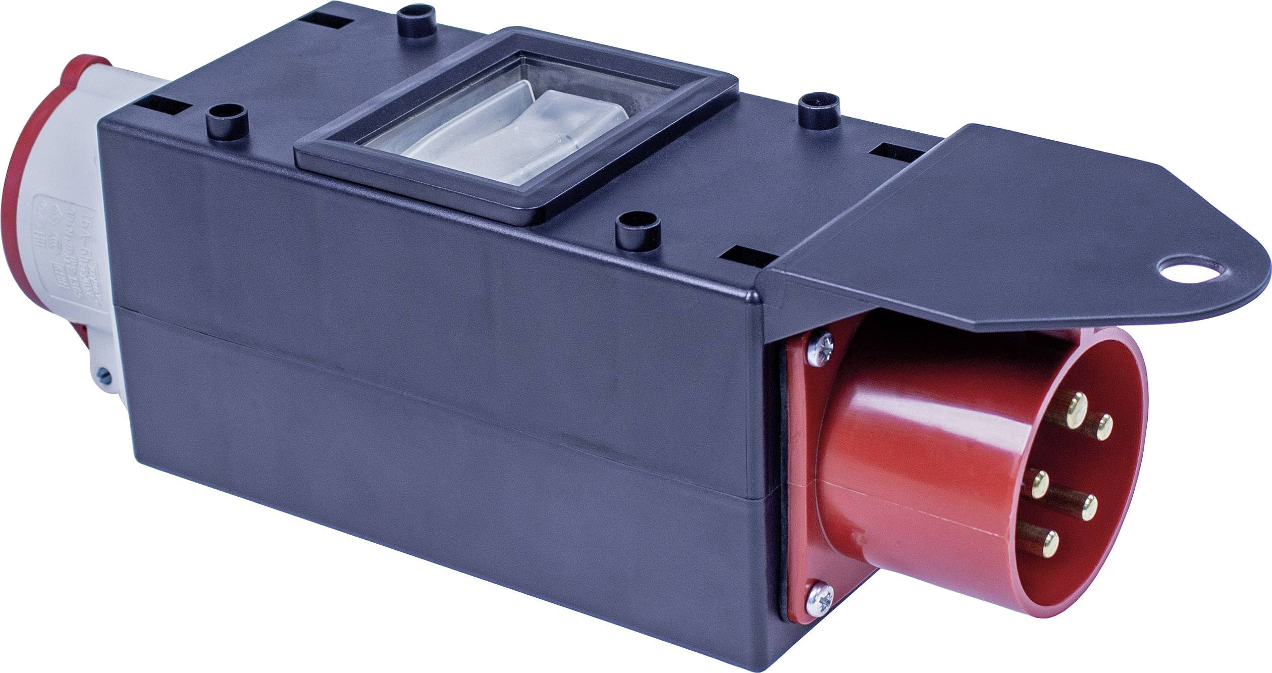 Connecteur industriel, noir avec embase rouge, forme rectangulaire, adapté aux connexions électriques haute performance dans les applications industrielles.