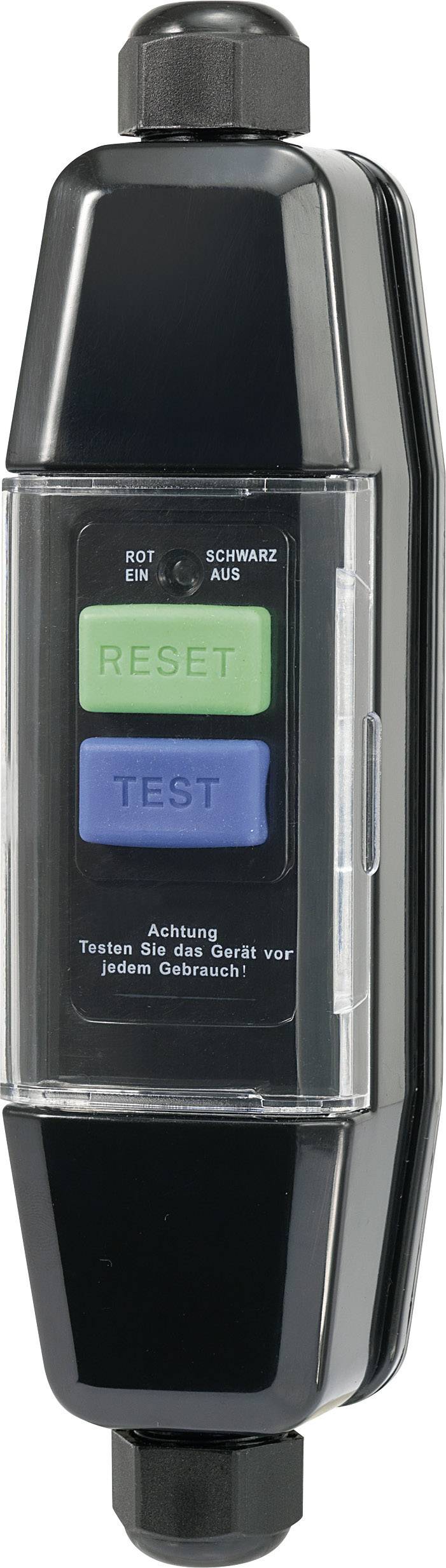 Appareil électronique avec boutons de réinitialisation et de test. Texte 'Attention : Testez l'appareil avant chaque utilisation'.