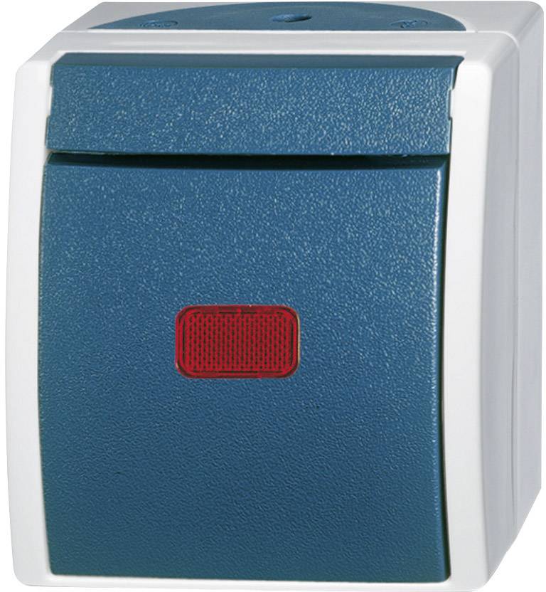 Un interrupteur électrique bleu avec un indicateur rectangulaire rouge sur l'avant, entouré d'un cadre gris.
