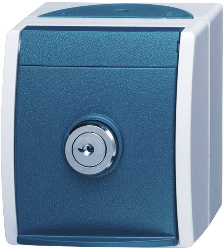 Une prise électrique bleue avec un volet de protection et une serrure à clé argentée, destinée à sécuriser les connexions électriques dans des environnements humides.