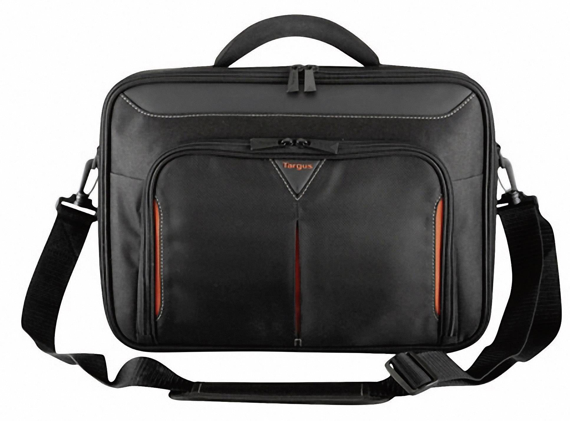 Un sac pour ordinateur portable noir avec poignée, bandoulière et plusieurs compartiments à fermeture éclair, adapté au transport d'équipements électroniques.