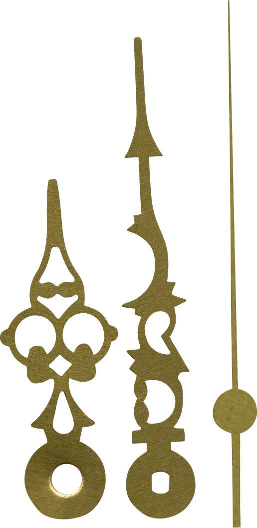 Trois aiguilles dorées aux formes décoratives différentes : une aiguille des heures, une aiguille des minutes et une aiguille des secondes.