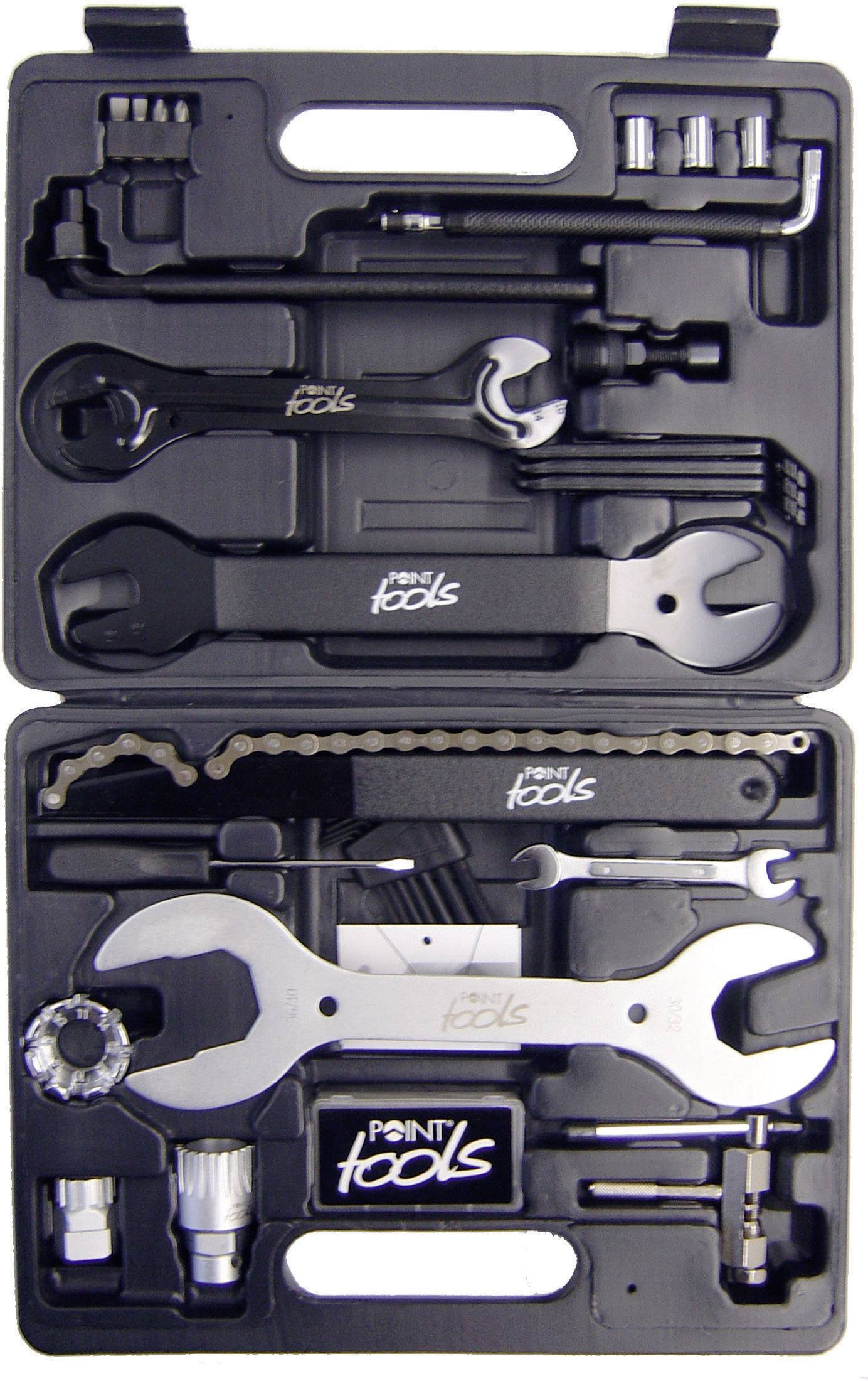 Boîte à outils noire contenant différentes clés hexagonales, clés à molette et outils multifonctionnels. Noms de marques sur les outils.