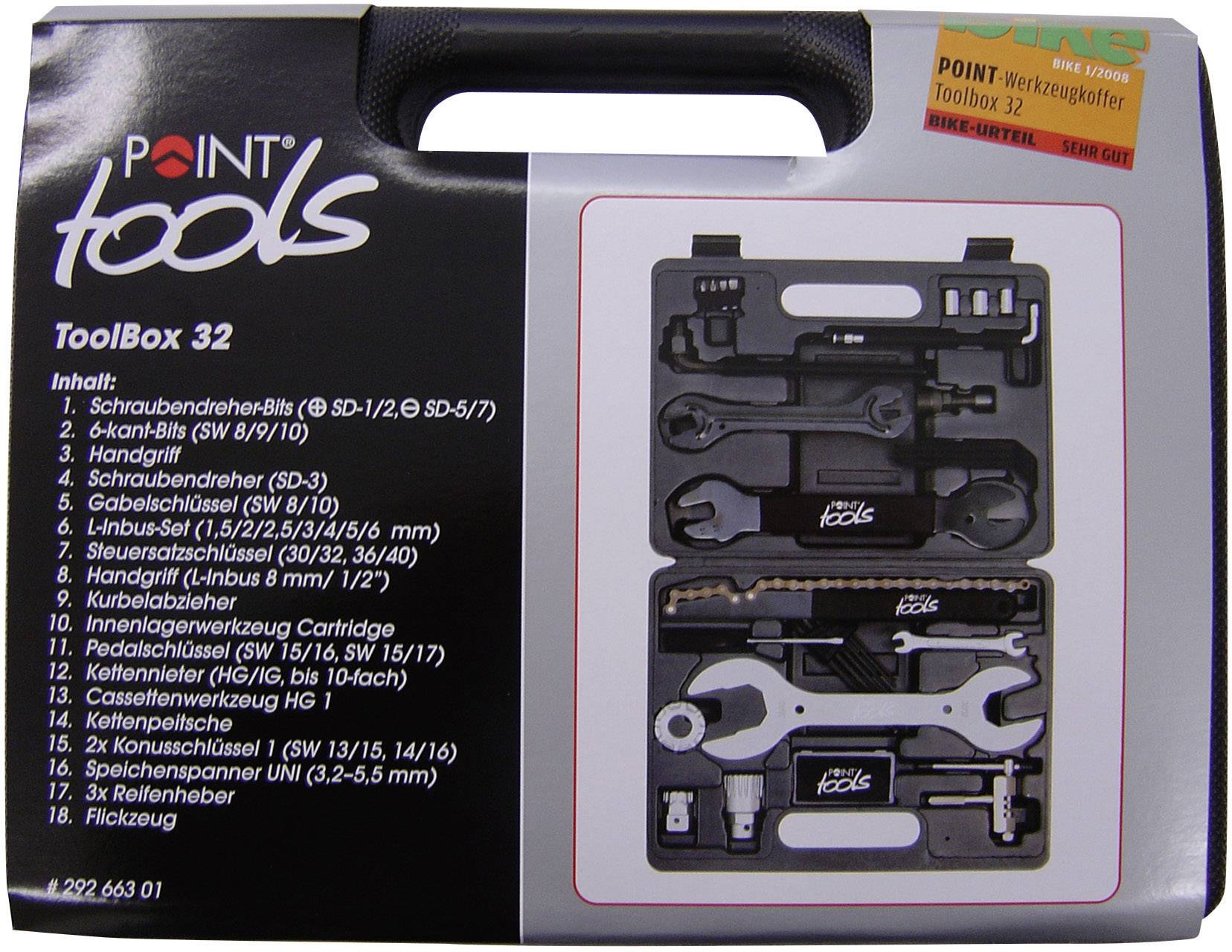 Coffret à outils Point Box 32 comprenant divers outils tels que des tournevis, des clés à fourche et des pinces dans un coffret en plastique.