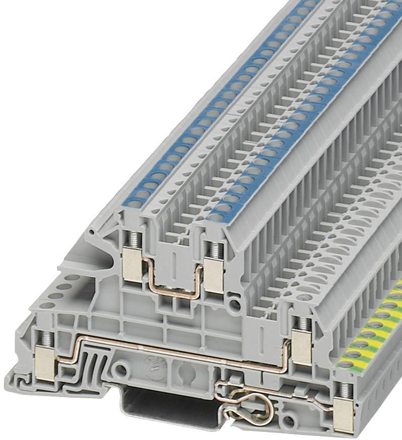 Un bloc de bornes à connexion multiple gris avec des marquages bleus et jaunes. Il montre le câblage interne et les points de connexion.