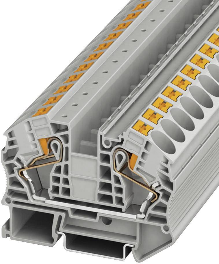 Connecteur électrique gris multipolaire avec des contacts orange, vu de côté et présentant plusieurs points de connexion.