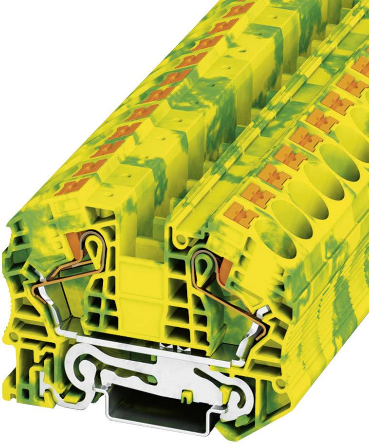 Vue d'un connecteur modulaire avec un boîtier jaune et vert comportant plusieurs connexions de câbles, destiné à une utilisation dans les installations électriques.