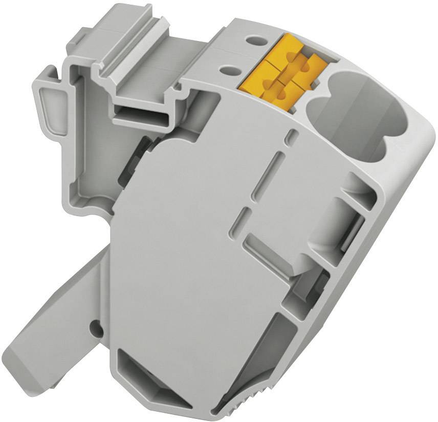 Boîtier de raccordement électrique gris avec plusieurs possibilités de connexion, comprenant un levier orange pour la fixation des câbles.