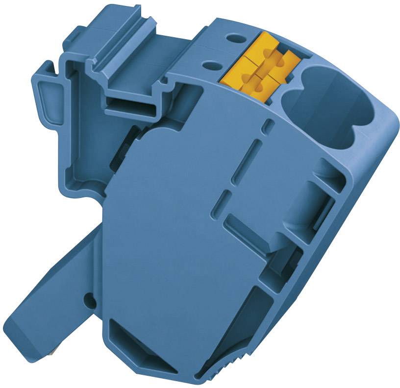 Borne électrique bleue avec insert jaune, vue latérale, montrant les possibilités de connexion des câbles.