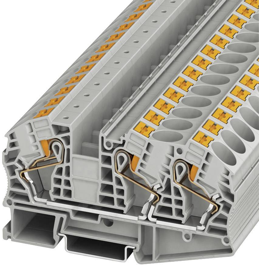 Une borne de connexion électrique grise à plusieurs étages avec des leviers orange pour la fixation des fils dans l'installation électrique.
