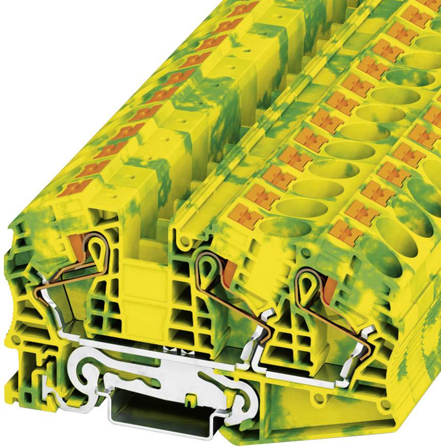 Profilé de montage en plastique jaune et vert avec des bornes et des rails intégrés, utilisé pour des applications électrotechniques.