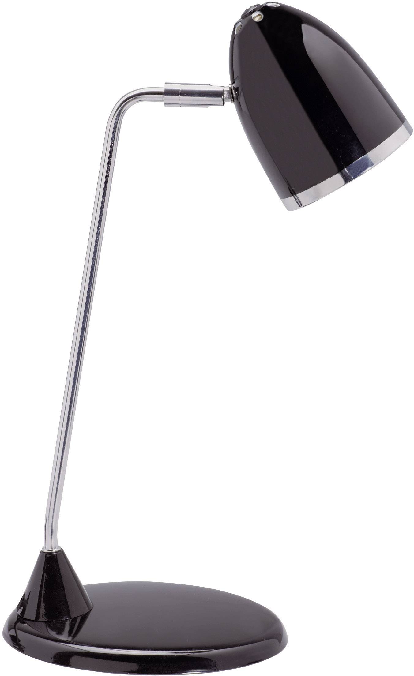 Une lampe de bureau noire, moderne, avec un socle métallique incurvé et une base ronde. Idéale pour les espaces de travail.