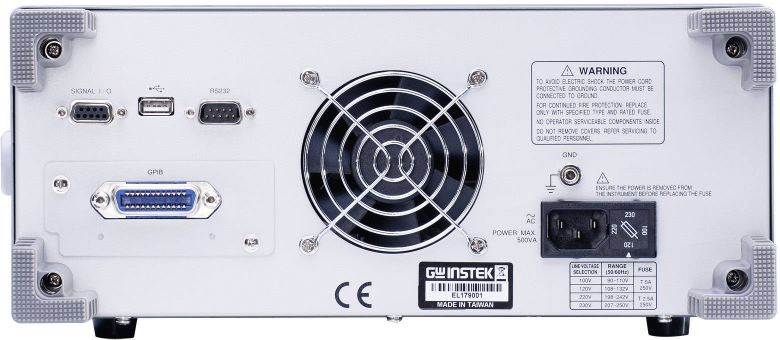 Arrière d'un appareil électronique avec ventilateur, différentes connexions, alimentation électrique et avertissements.