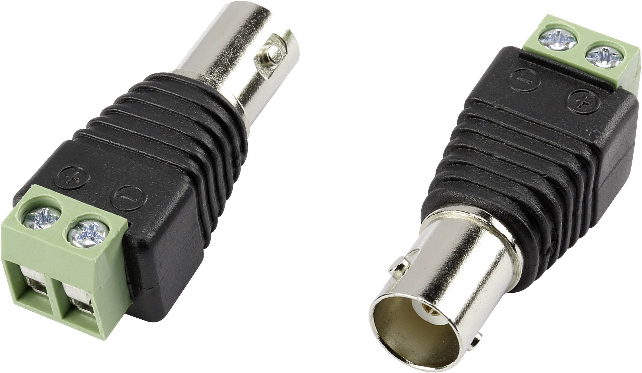 Deux adaptateurs de connecteurs BNC avec boîtier en plastique noir et bornes de connexion vertes, adaptés pour relier des câbles coaxiaux.