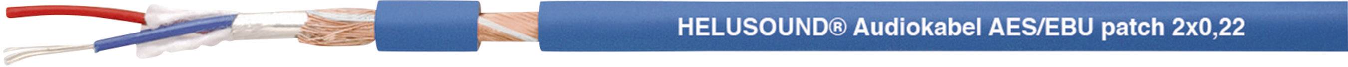 Un câble bleu à côté de fils de cuivre. À droite est indiqué 'HELUSOUND AudioKabel A/SF3U patch 2x0.2'.