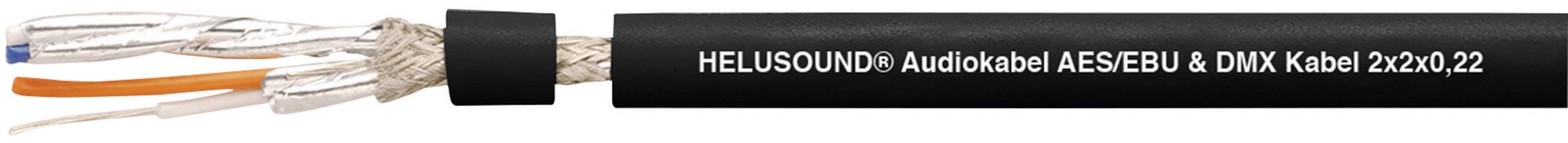 Câble audio à isolation noire, avec brins apparents sur la gauche. Inscription : « HELUSOUND Audio Câble AES/EBU & DMX 2x2x0,22 ».